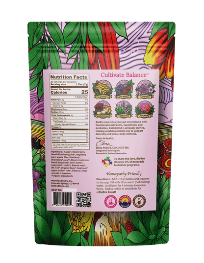 A stand-up pouch of BioBru Bloom blend mushroom drink shown from the back, featuring a colorful botanical illustration with green leaves, purple and orange flowers, and a white nutrition facts label.