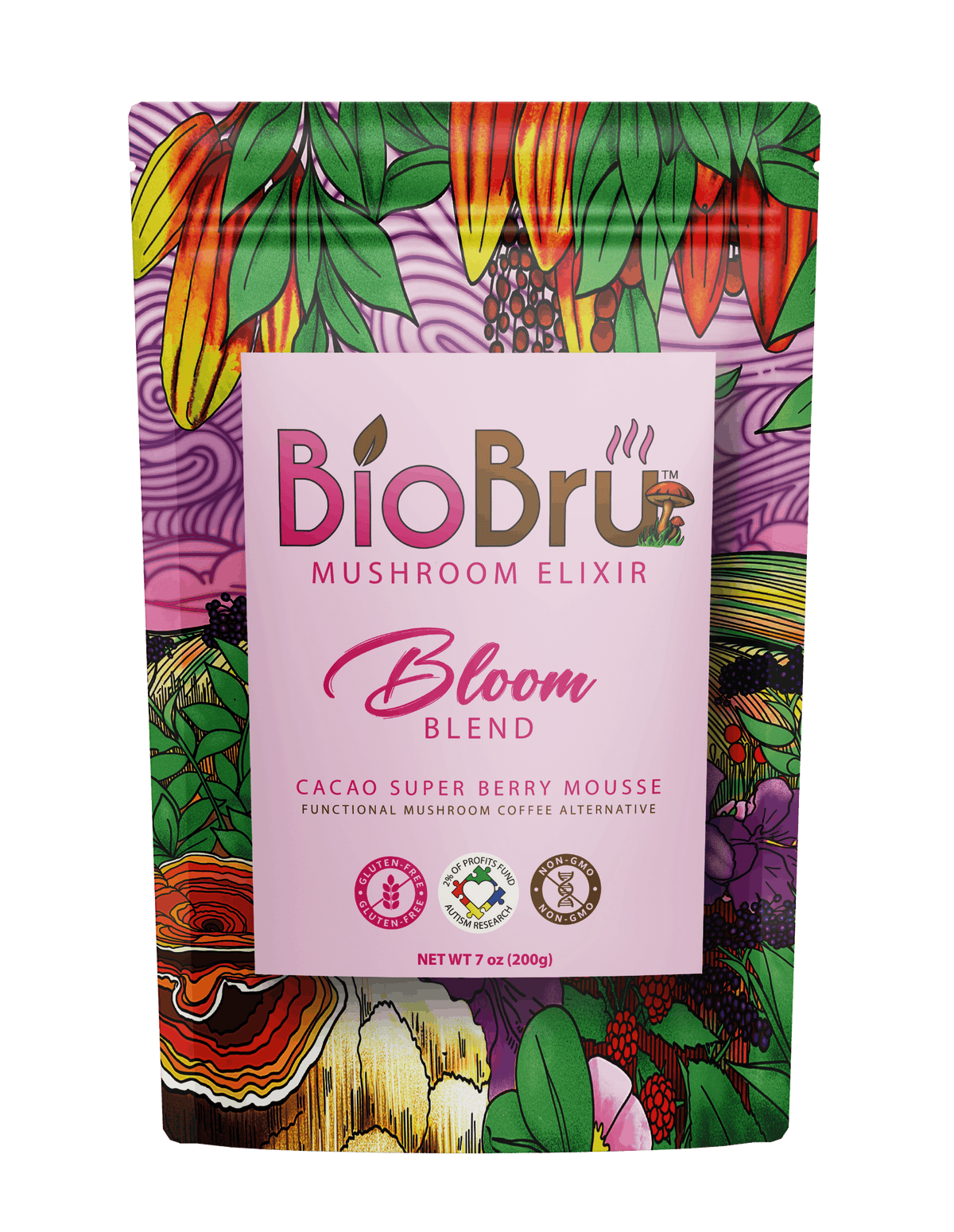 BioBru Mushroom Elixir Bloom Blend Cacao Superberry Mousse in a 7 oz resealable stand-up pouch with a colorful botanical pattern and a white front label.