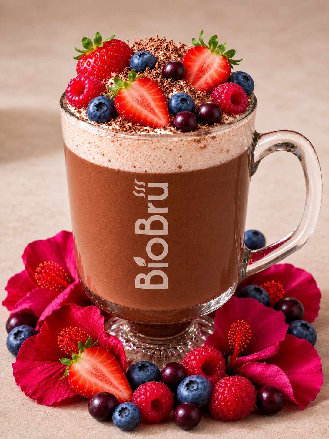 A clear glass mug filled with a pink beverage BioBru bloom, topped with whipped cream, chocolate powder, and fresh berries, arranged on a white surface with flowers and more berries around the base. The mug shows the BioBrú logo.