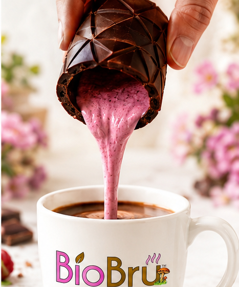 Chocolate tower pouring pink berry liquid into a mug with 'Bio Bru' branding, floral background