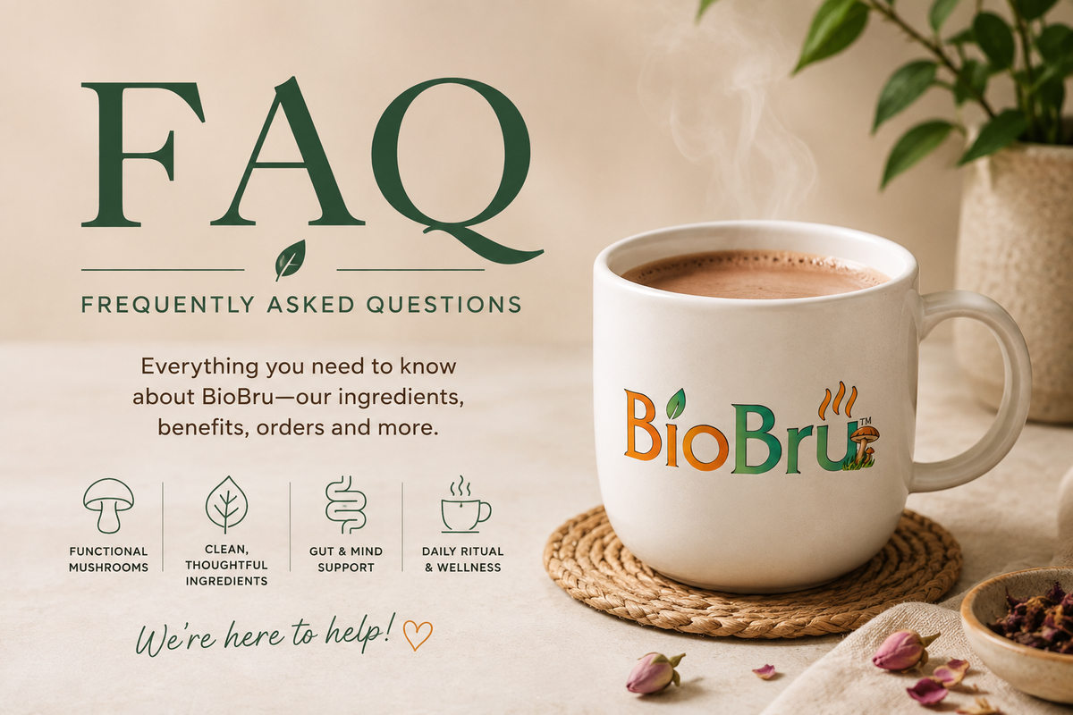 A promotional FAQ graphic for BioBru featuring large green text reading 'FAQ' and smaller descriptive copy about ingredients, benefits, and orders. On the right side, a white ceramic mug filled with a hot brown beverage sits on a woven coaster, printed with the BioBru logo.