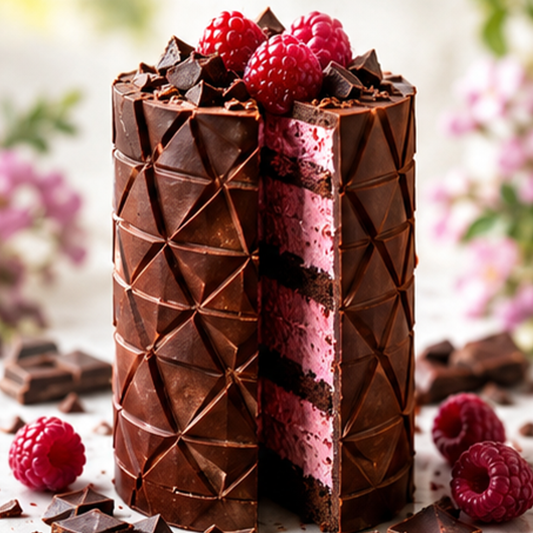 Chocolate raspberry mousse tower cake with  raspberry and chocolate shavings on a decorative background