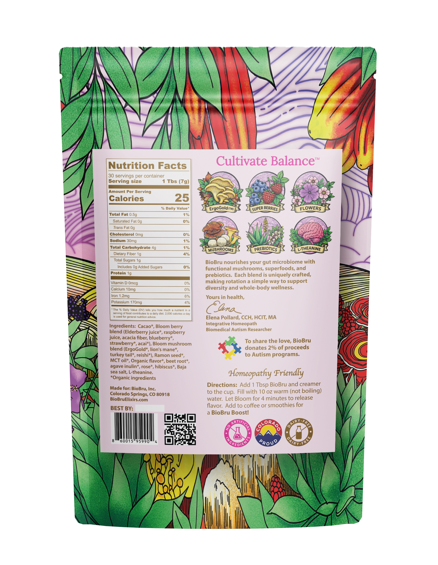 A stand-up pouch of BioBru Bloom blend mushroom drink shown from the back, featuring a colorful botanical illustration with green leaves, purple and orange flowers, and a white nutrition facts label.