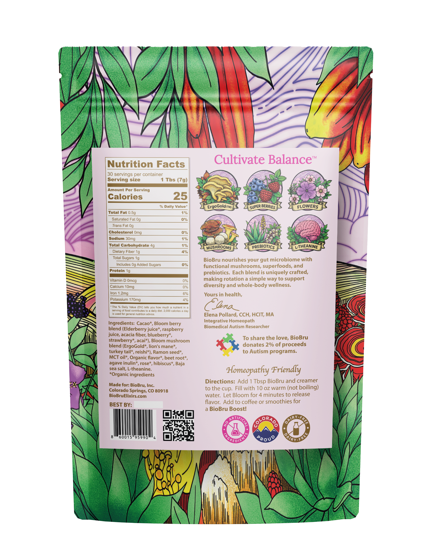 A stand-up pouch of BioBru Bloom blend mushroom drink shown from the back, featuring a colorful botanical illustration with green leaves, purple and orange flowers, and a white nutrition facts label.