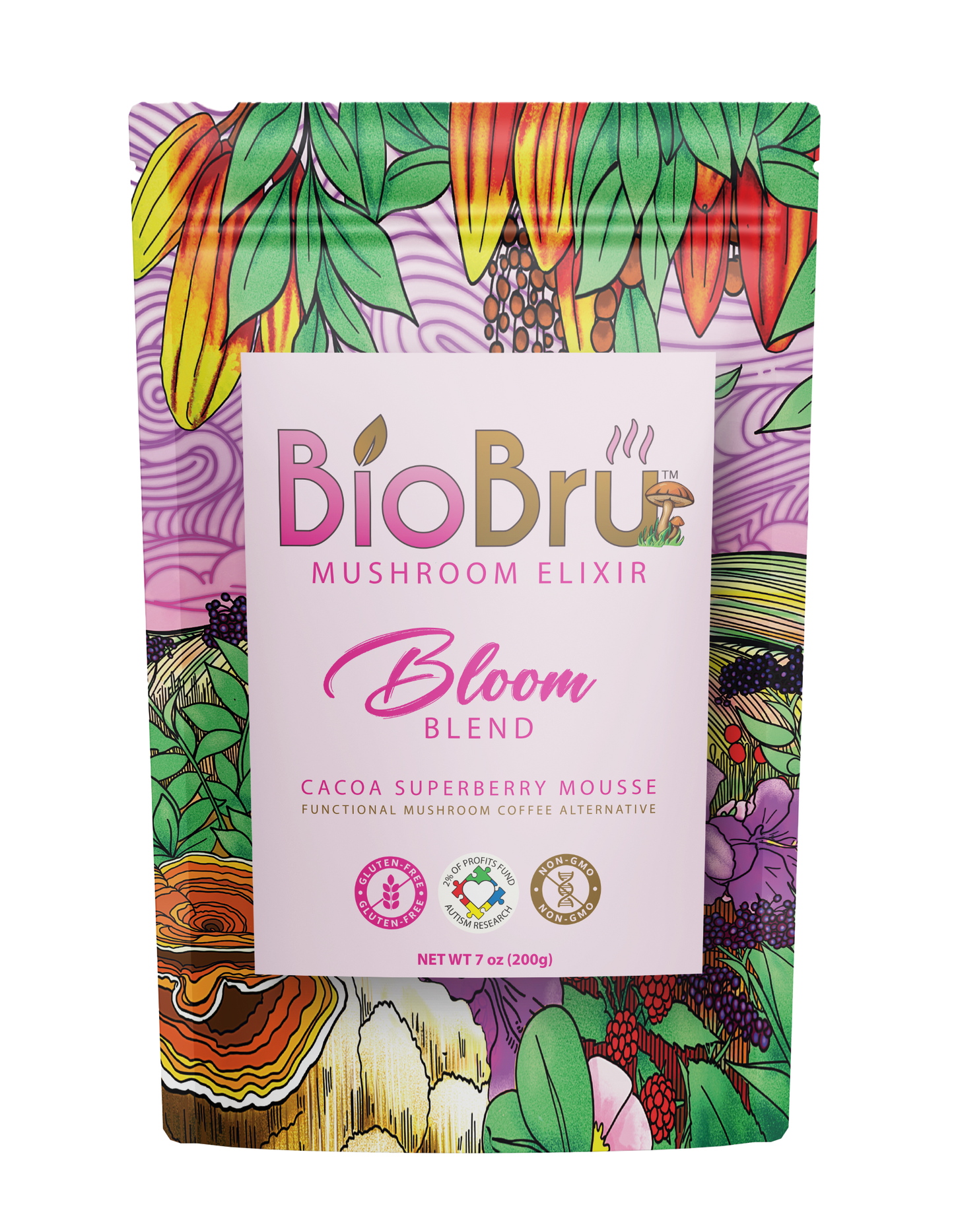 BioBru Mushroom Elixir Bloom Blend Cacao Superberry Mousse in a 7 oz resealable stand-up pouch with a colorful botanical pattern and a white front label.