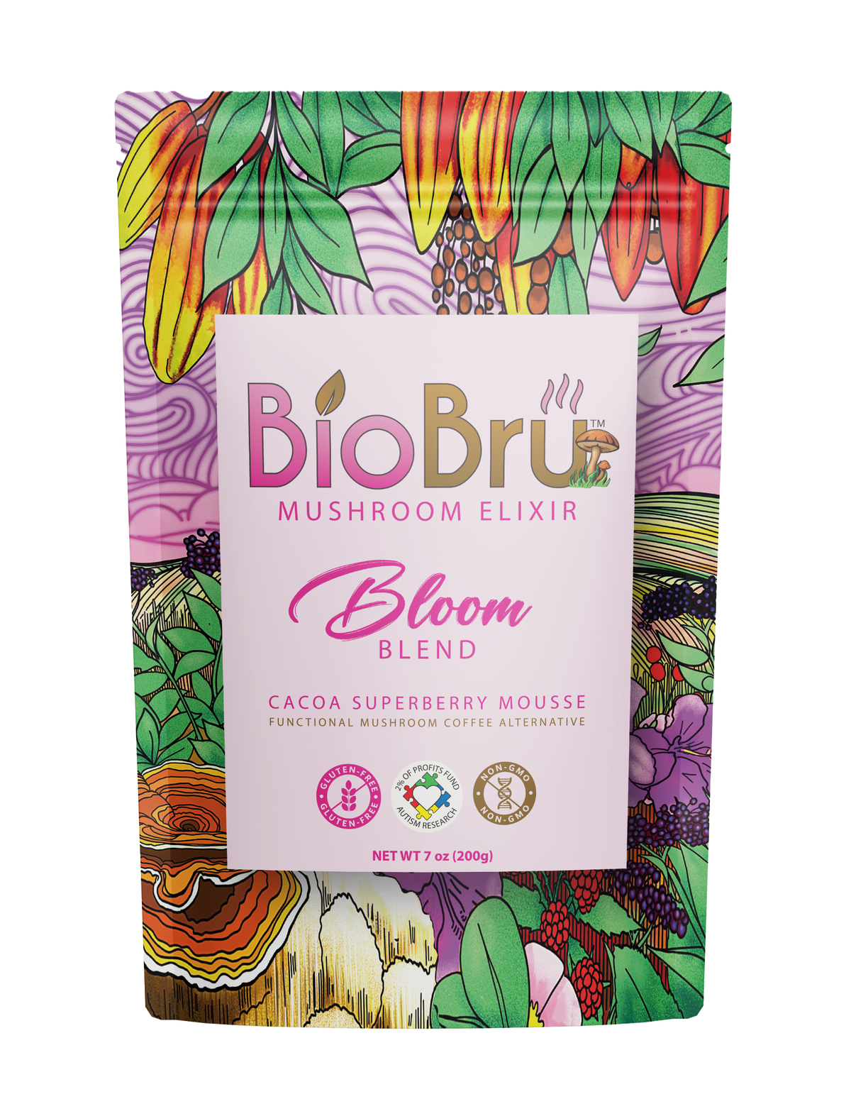BioBru Mushroom Elixir Bloom Blend Cacao Superberry Mousse in a 7 oz resealable stand-up pouch with a colorful botanical pattern and a white front label.