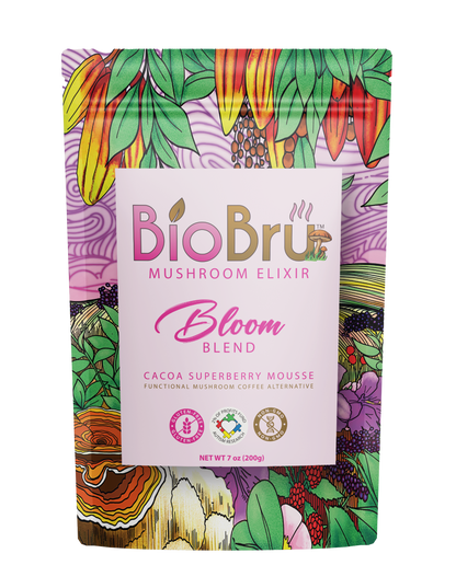 BioBru Mushroom Elixir Bloom Blend Cacao Superberry Mousse in a 7 oz resealable stand-up pouch with a colorful botanical pattern and a white front label.