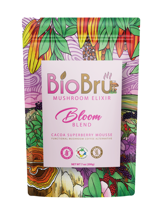 BioBru Mushroom Elixir Bloom Blend Cacao Superberry Mousse in a 7 oz resealable stand-up pouch with a colorful botanical pattern and a white front label.