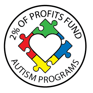 A circular logo with the text '2% OF PROFITS FUND AUTISM PROGRAMS' around a central cluster of multicolored autism puzzle pieces forming a white heart shape.