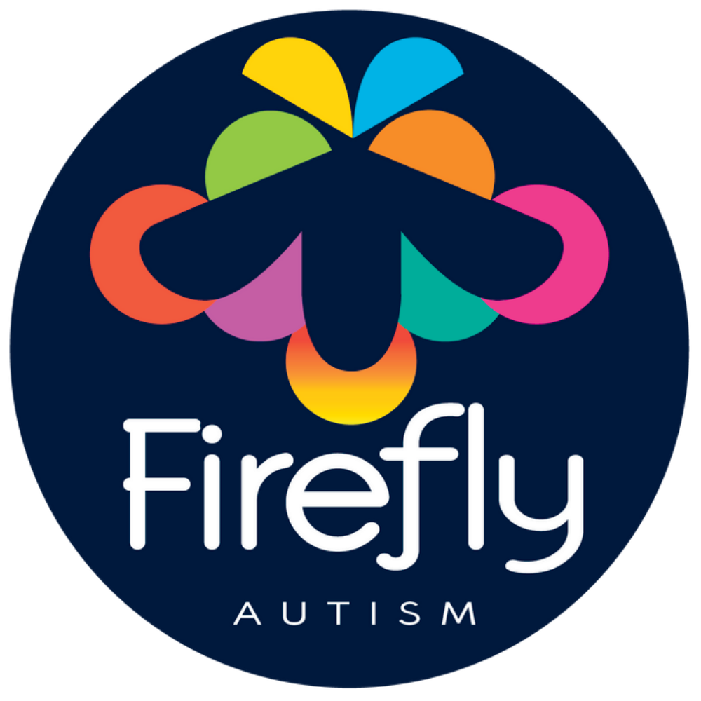 A circular logo with a dark navy background, a stylized multicolor flower-like emblem made of overlapping curved shapes in yellow, blue, green, orange, pink, and teal, and the words 'Firefly Autism' in white text.